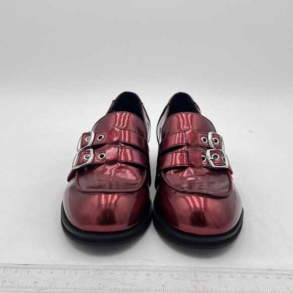 Pazzion Burgundy Girls Two Buckle Straps Pump Round Toe Low Chunky Heel Shoes - Picture 3 of 8